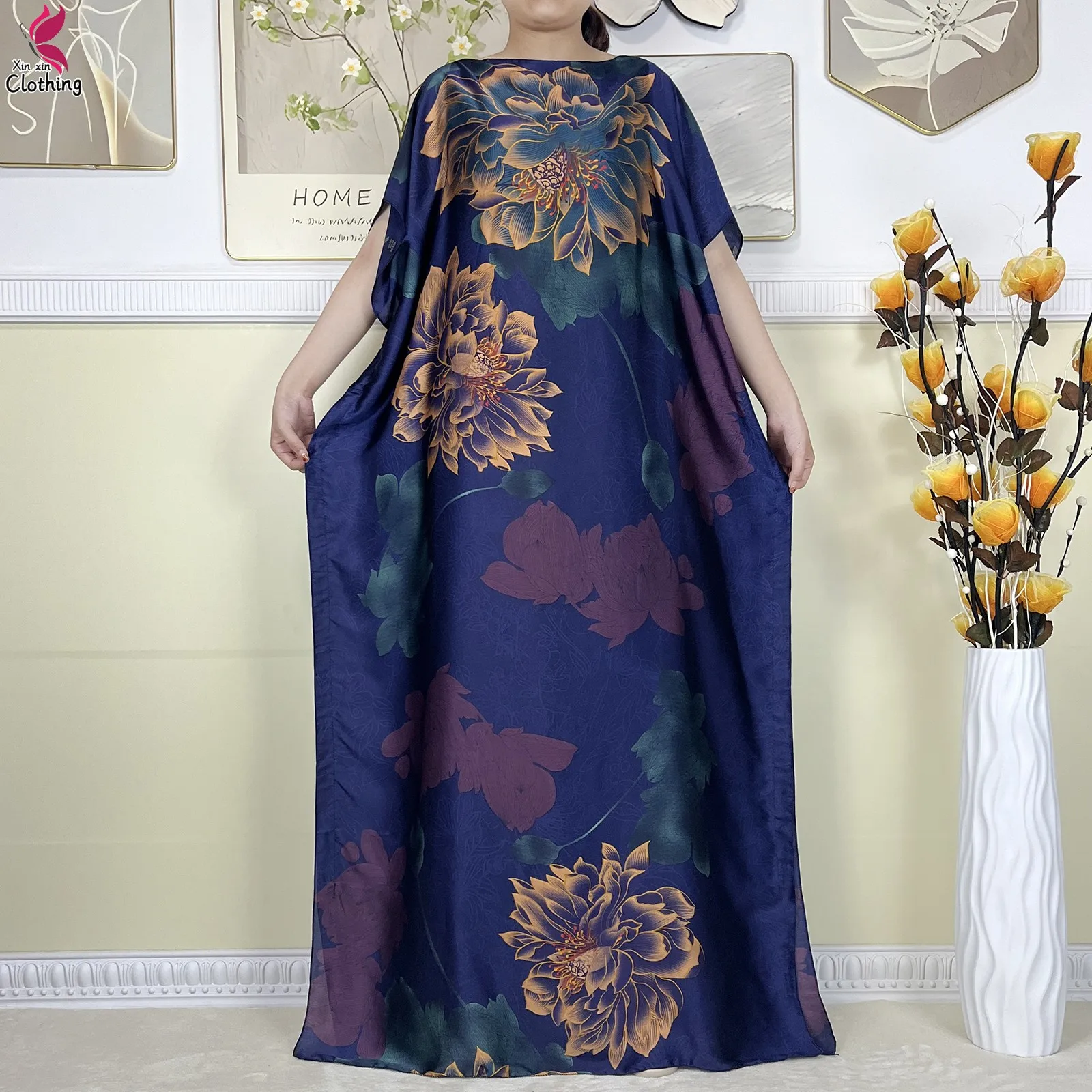 Summer African Women Short Sleeve Long Dress High-Quality Soft Silk Printed Muslim Lady Loose Robe Dubai Kaftan Dress With Scarf