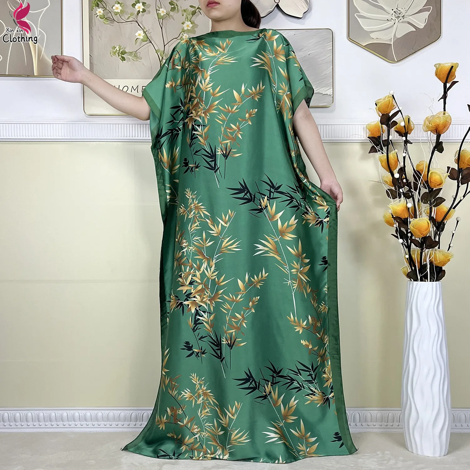 Summer African Women Short Sleeve Long Dress High-Quality Soft Silk Printed Muslim Lady Loose Robe Dubai Kaftan Dress With Scarf