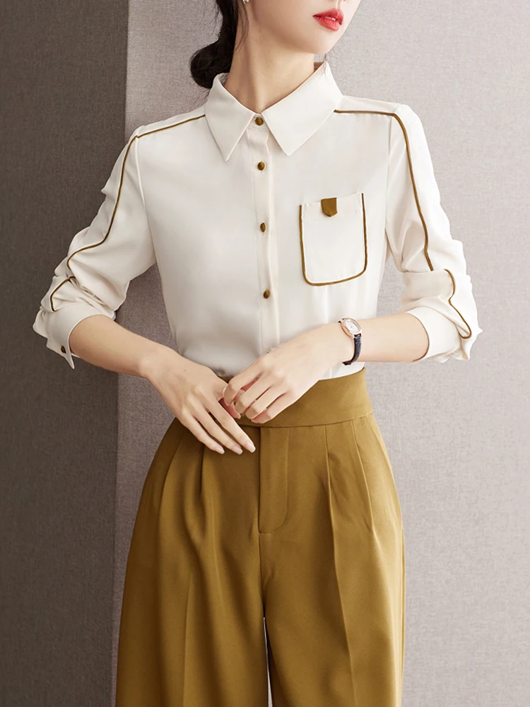 Autumn Women's Long Sleeved Shirt Vintage Simple Tops Fashion Commuter Chiffon Shirt Casual Versatile Tops