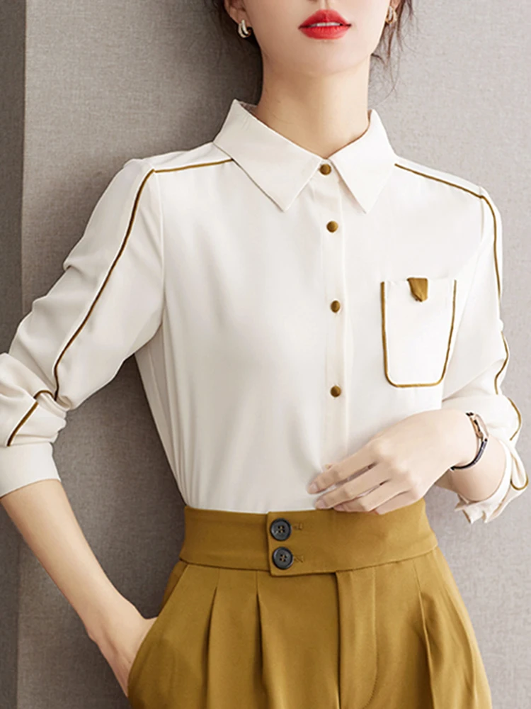 Autumn Women's Long Sleeved Shirt Vintage Simple Tops Fashion Commuter Chiffon Shirt Casual Versatile Tops