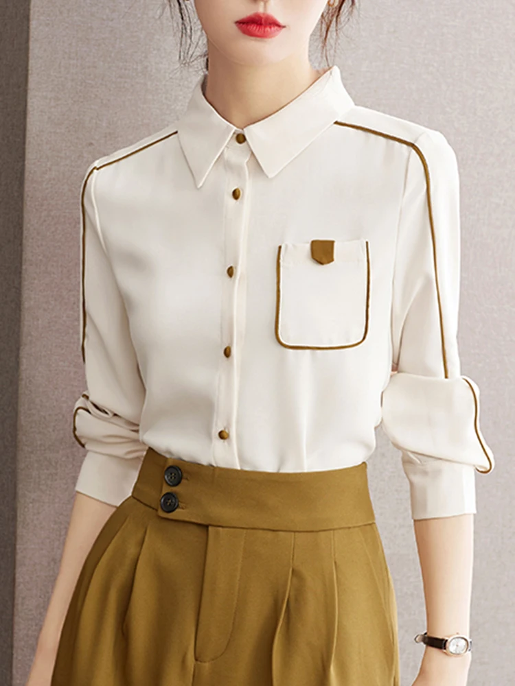 Autumn Women's Long Sleeved Shirt Vintage Simple Tops Fashion Commuter Chiffon Shirt Casual Versatile Tops