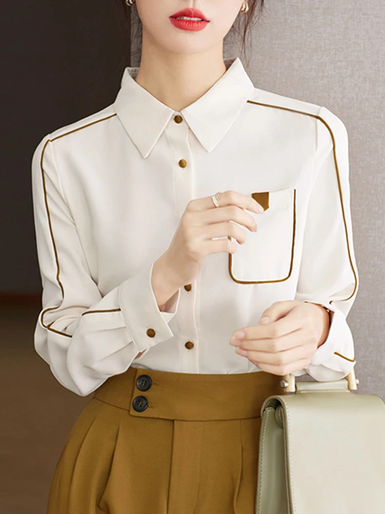 Autumn Women's Long Sleeved Shirt Vintage Simple Tops Fashion Commuter Chiffon Shirt Casual Versatile Tops