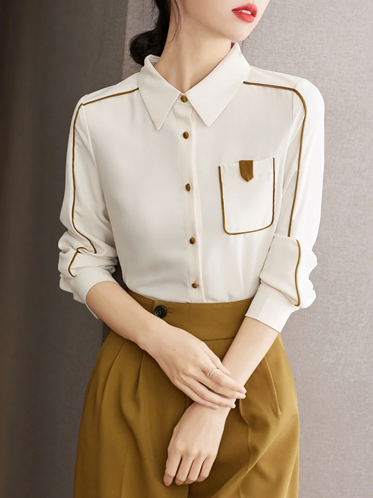 Autumn Women's Long Sleeved Shirt Vintage Simple Tops Fashion Commuter Chiffon Shirt Casual Versatile Tops