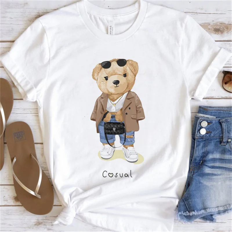 Fashion Graphic T-shirt Women Cute Bear Short-sleeved Clothes Women Print T-shirt Summer 90's Fashion Style Women T-shirt