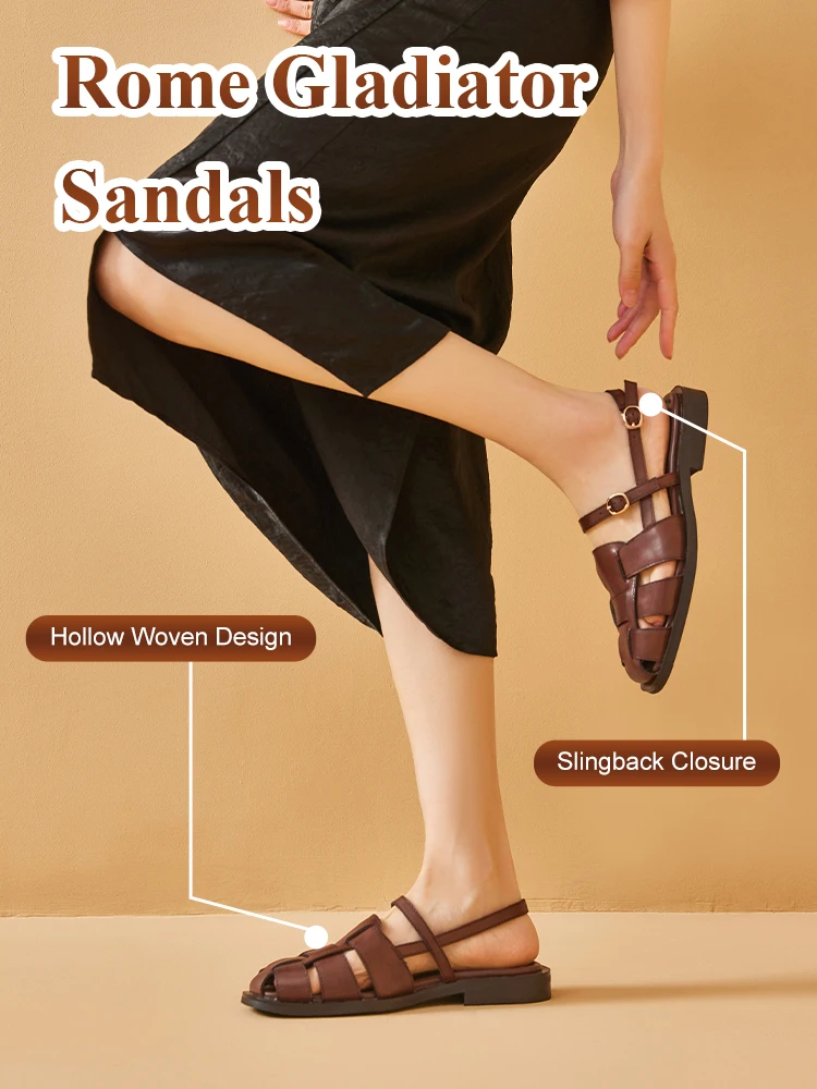 BEAUTODAY Gladiator Sandals Women Genuine Cow Leather Solid Cover Toe Buckle Metal Decoration Summer Ladies Flats Handmade 32406