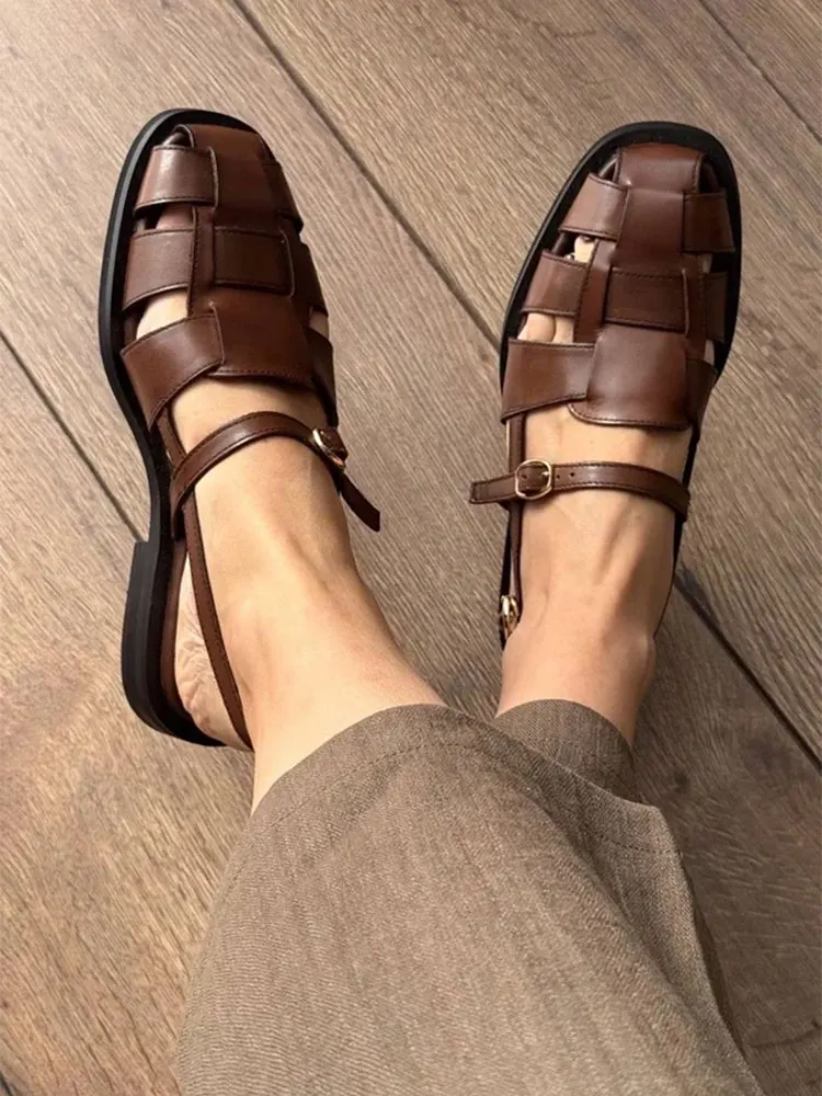 BEAUTODAY Gladiator Sandals Women Genuine Cow Leather Solid Cover Toe Buckle Metal Decoration Summer Ladies Flats Handmade 32406
