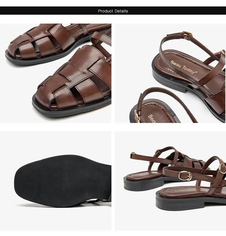 BEAUTODAY Gladiator Sandals Women Genuine Cow Leather Solid Cover Toe Buckle Metal Decoration Summer Ladies Flats Handmade 32406