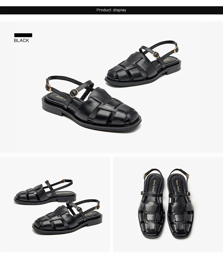 BEAUTODAY Gladiator Sandals Women Genuine Cow Leather Solid Cover Toe Buckle Metal Decoration Summer Ladies Flats Handmade 32406
