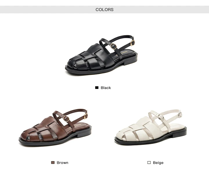 BEAUTODAY Gladiator Sandals Women Genuine Cow Leather Solid Cover Toe Buckle Metal Decoration Summer Ladies Flats Handmade 32406