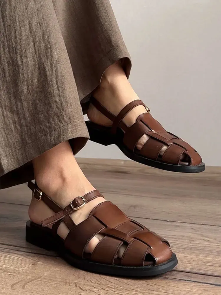 BEAUTODAY Gladiator Sandals Women Genuine Cow Leather Solid Cover Toe Buckle Metal Decoration Summer Ladies Flats Handmade 32406
