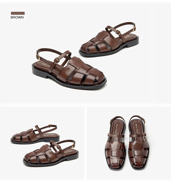 BEAUTODAY Gladiator Sandals Women Genuine Cow Leather Solid Cover Toe Buckle Metal Decoration Summer Ladies Flats Handmade 32406