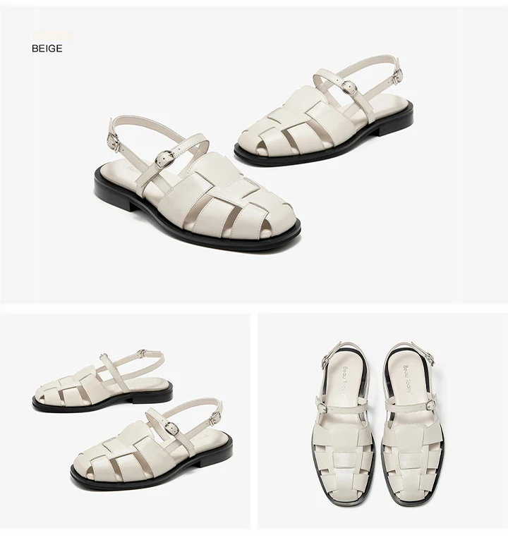 BEAUTODAY Gladiator Sandals Women Genuine Cow Leather Solid Cover Toe Buckle Metal Decoration Summer Ladies Flats Handmade 32406