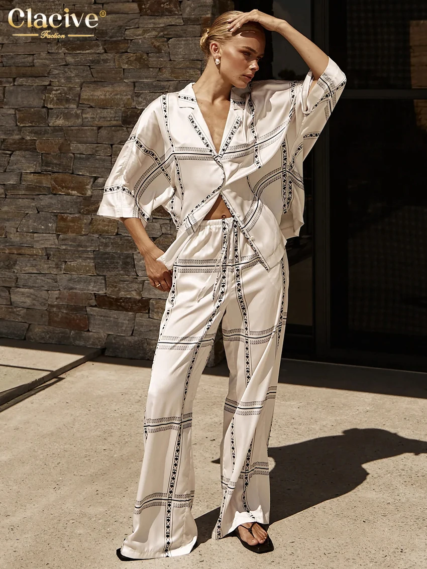 Clacive Elegant Loose Print 2 Piece Sets Women Outfit Casual Long Sleeve Shirt With High Waist Wide Pants Set Female Homewear