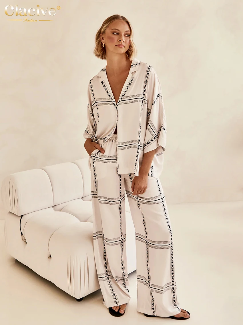 Clacive Elegant Loose Print 2 Piece Sets Women Outfit Casual Long Sleeve Shirt With High Waist Wide Pants Set Female Homewear