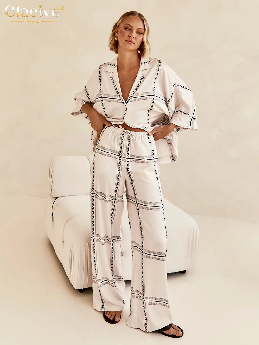 Clacive Elegant Loose Print 2 Piece Sets Women Outfit Casual Long Sleeve Shirt With High Waist Wide Pants Set Female Homewear