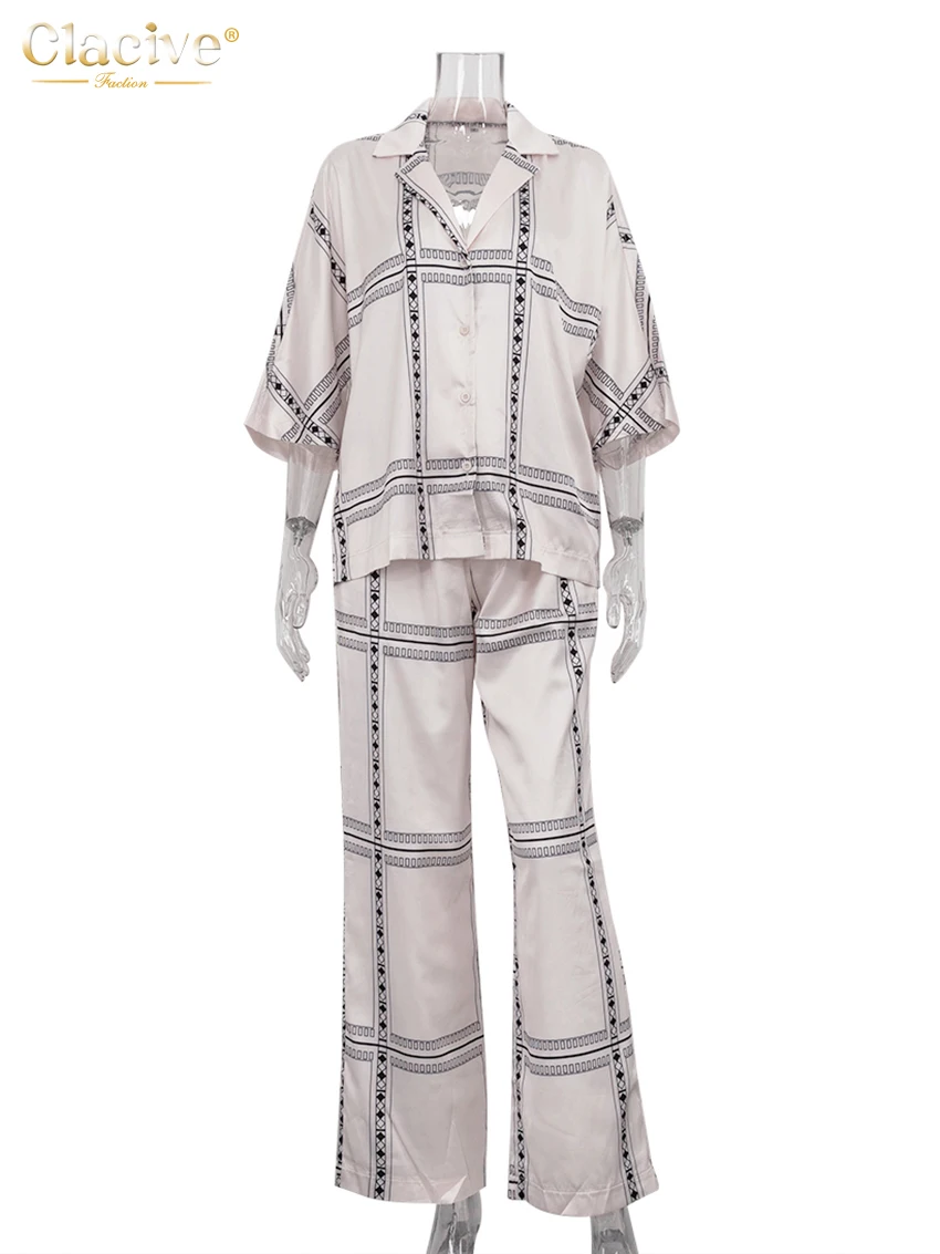 Clacive Elegant Loose Print 2 Piece Sets Women Outfit Casual Long Sleeve Shirt With High Waist Wide Pants Set Female Homewear