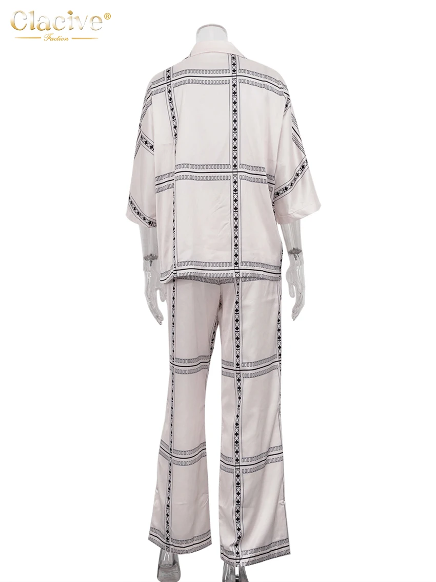 Clacive Elegant Loose Print 2 Piece Sets Women Outfit Casual Long Sleeve Shirt With High Waist Wide Pants Set Female Homewear