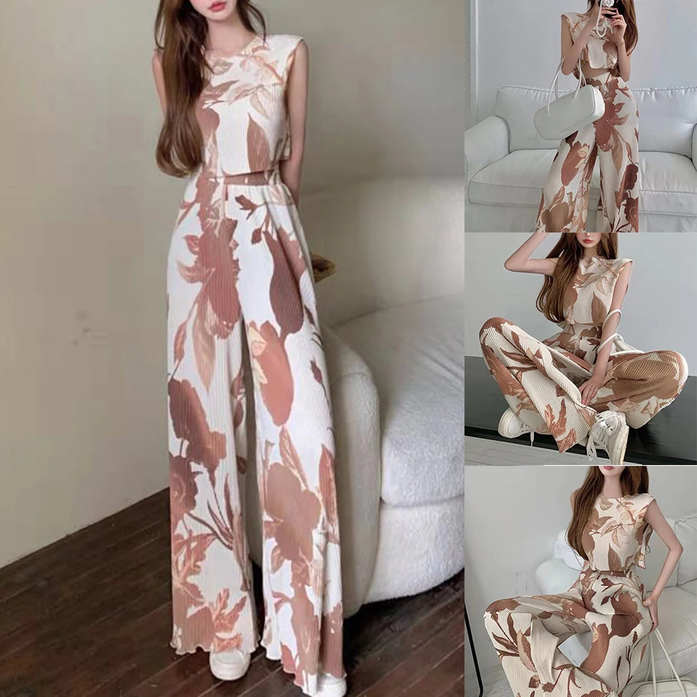 Women Vest Sleeveless Vest Pleated Sleeveless Vest Summer Two Piece Set Wide Leg Trousers Women Widely Applicable