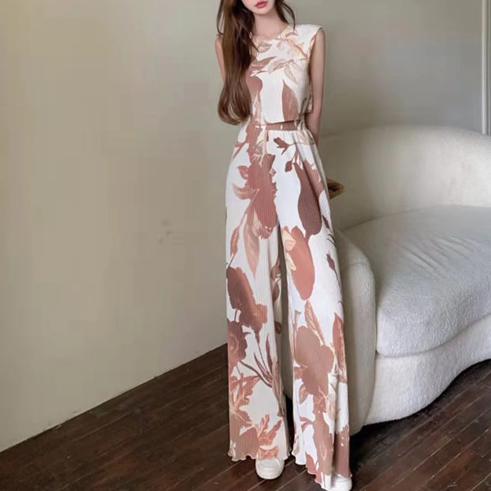 Women Vest Sleeveless Vest Pleated Sleeveless Vest Summer Two Piece Set Wide Leg Trousers Women Widely Applicable