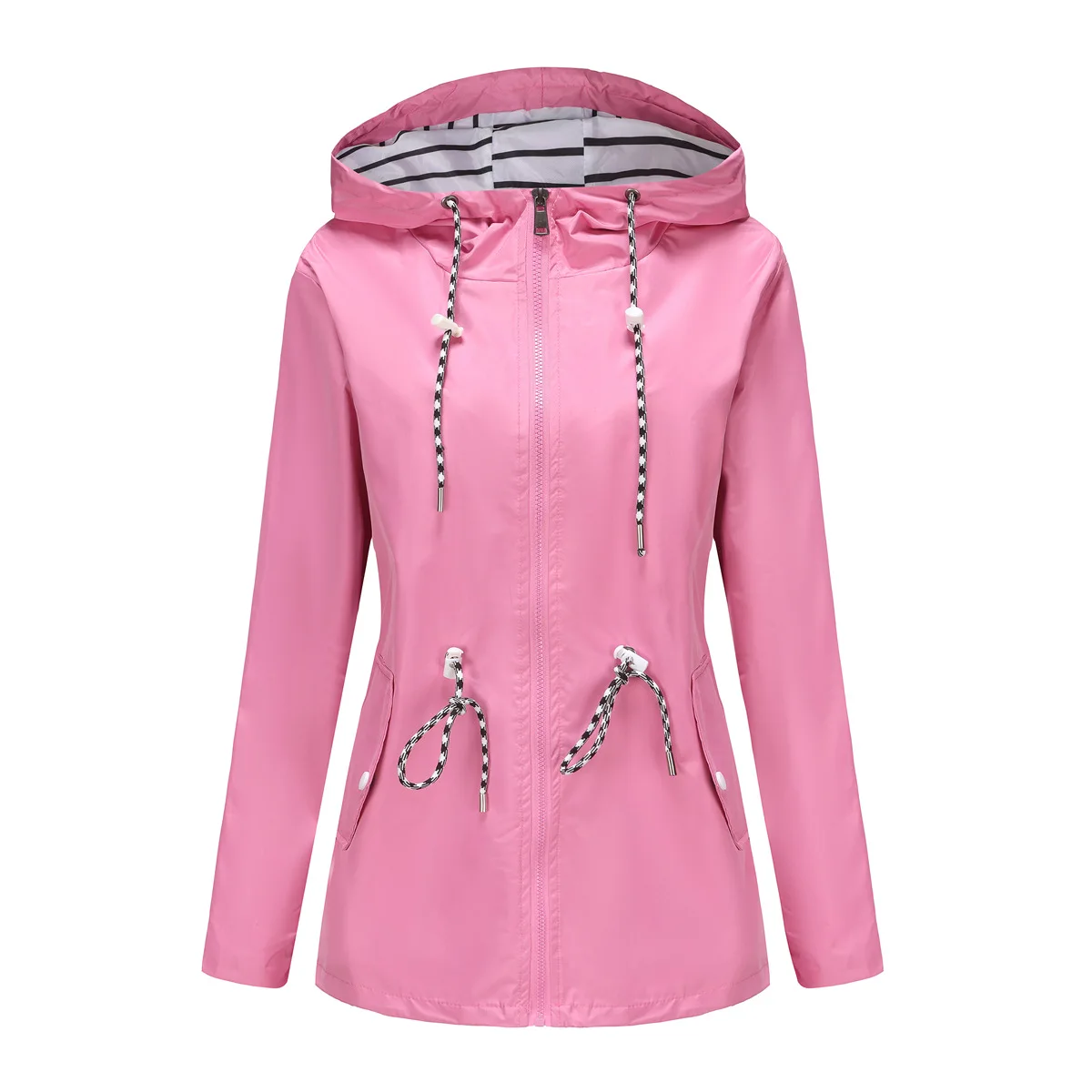 Women Outdoor Windbreaker Casual Loose Hooded Waterproof Raincoat Long Sleeve Solid Color Mid-length Zipper Hiking Jackets