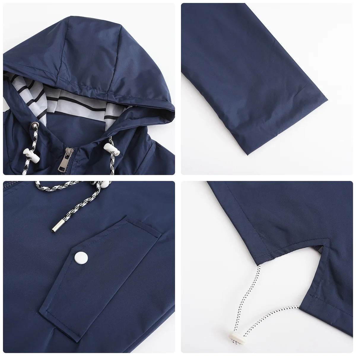 Women Outdoor Windbreaker Casual Loose Hooded Waterproof Raincoat Long Sleeve Solid Color Mid-length Zipper Hiking Jackets