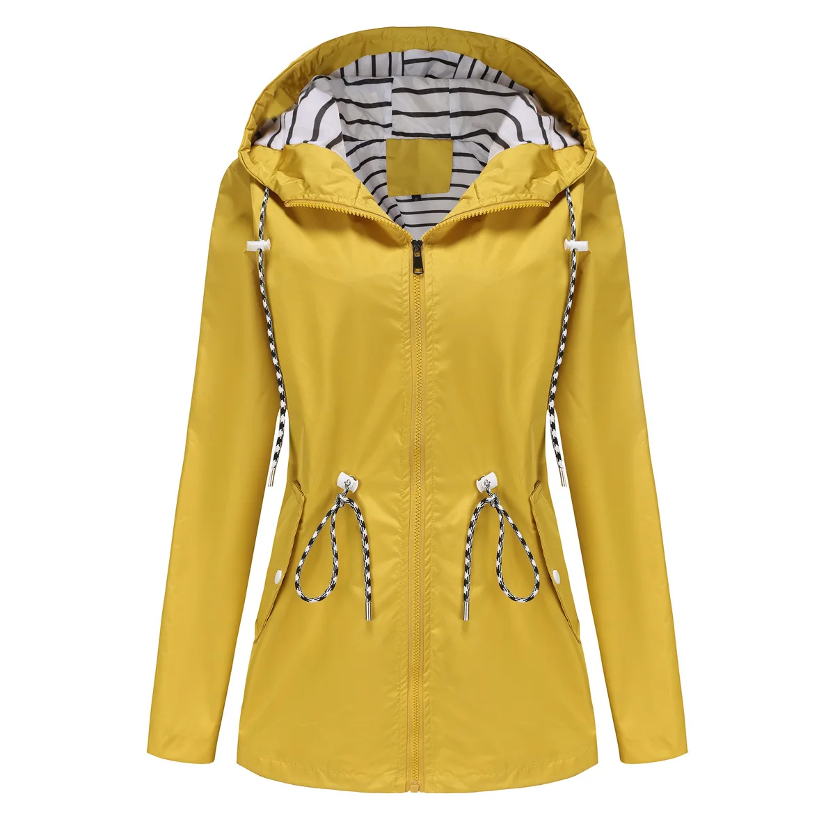 Women Outdoor Windbreaker Casual Loose Hooded Waterproof Raincoat Long Sleeve Solid Color Mid-length Zipper Hiking Jackets