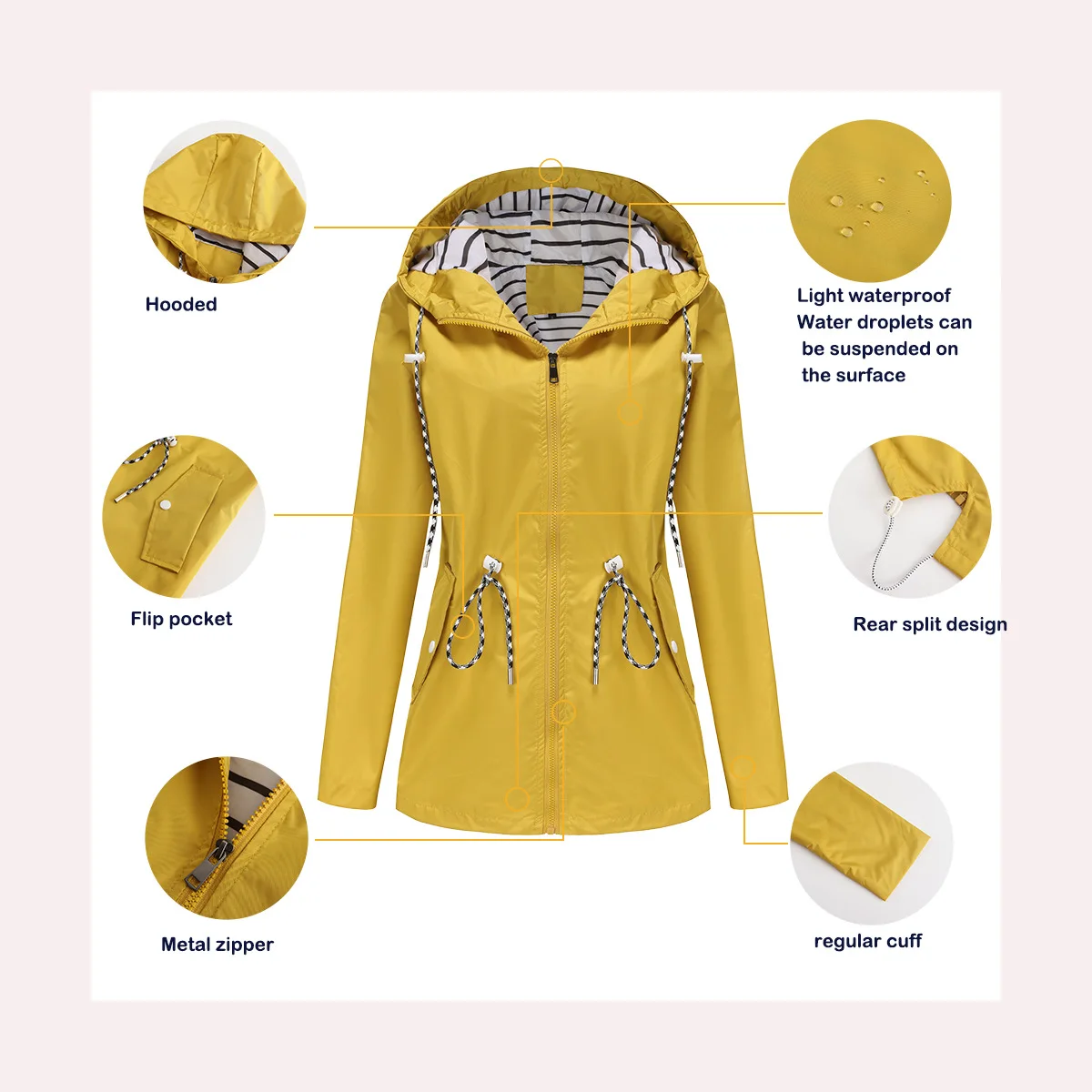 Women Outdoor Windbreaker Casual Loose Hooded Waterproof Raincoat Long Sleeve Solid Color Mid-length Zipper Hiking Jackets