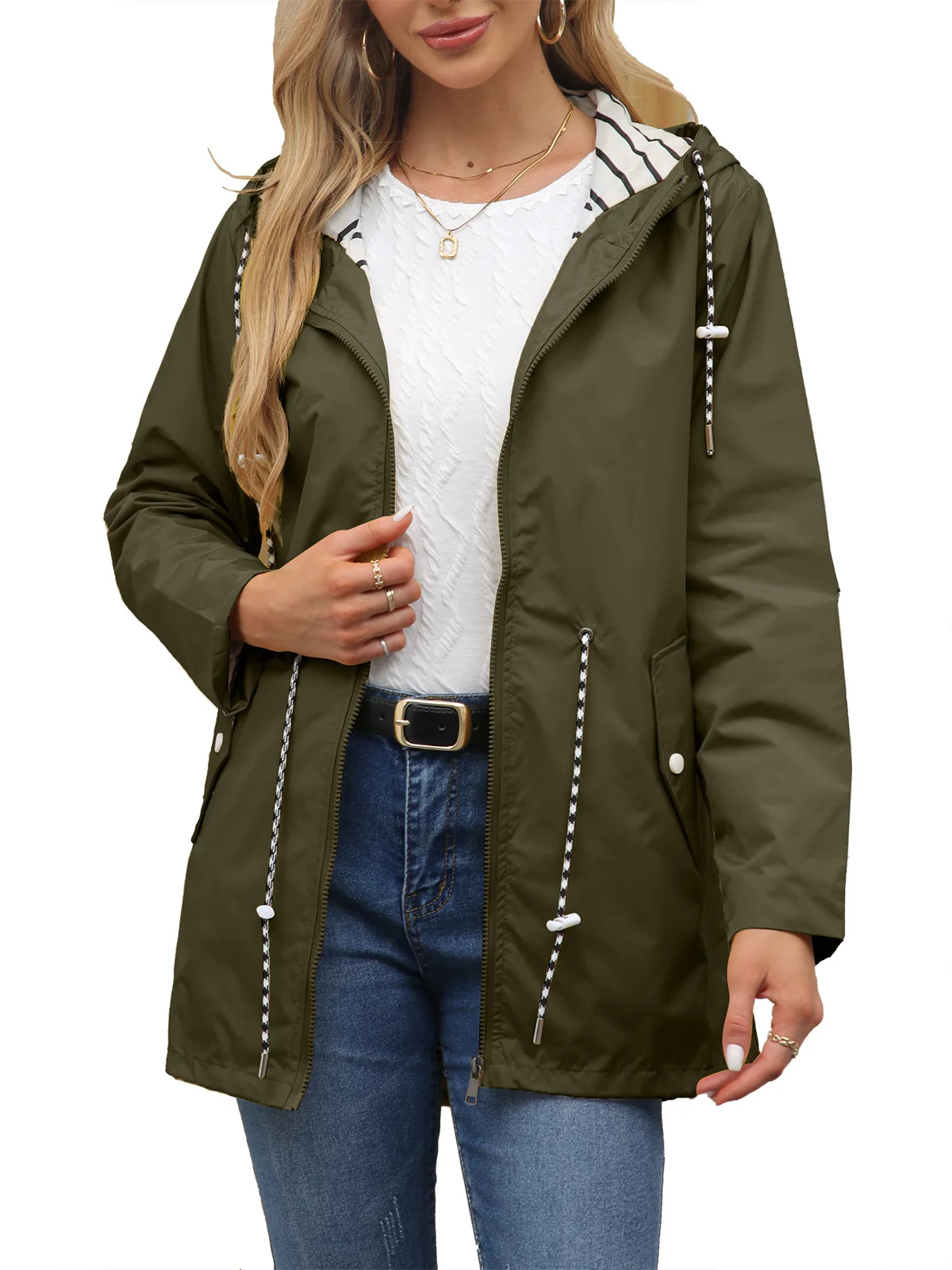 Women Outdoor Windbreaker Casual Loose Hooded Waterproof Raincoat Long Sleeve Solid Color Mid-length Zipper Hiking Jackets