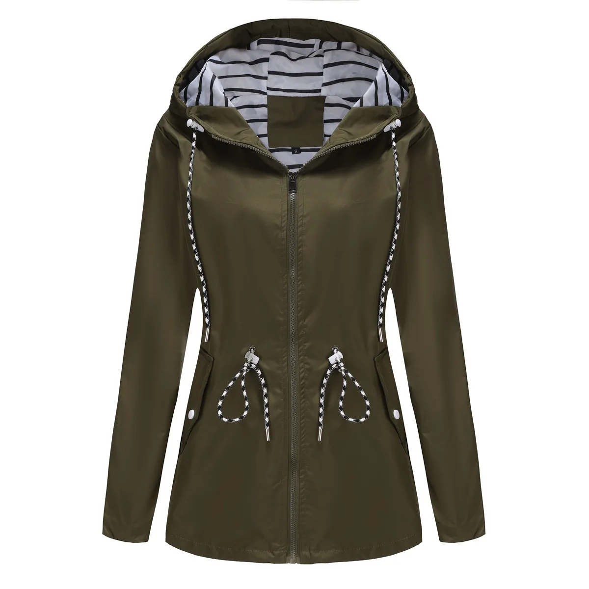 Women Outdoor Windbreaker Casual Loose Hooded Waterproof Raincoat Long Sleeve Solid Color Mid-length Zipper Hiking Jackets