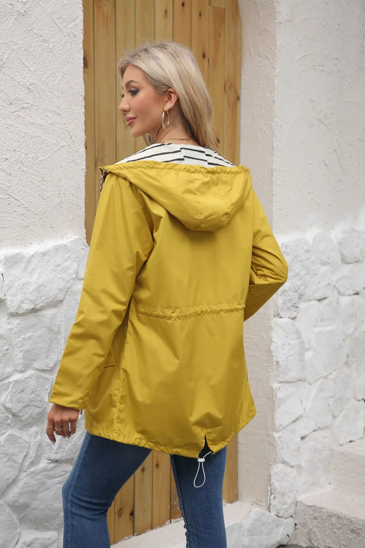 Women Outdoor Windbreaker Casual Loose Hooded Waterproof Raincoat Long Sleeve Solid Color Mid-length Zipper Hiking Jackets