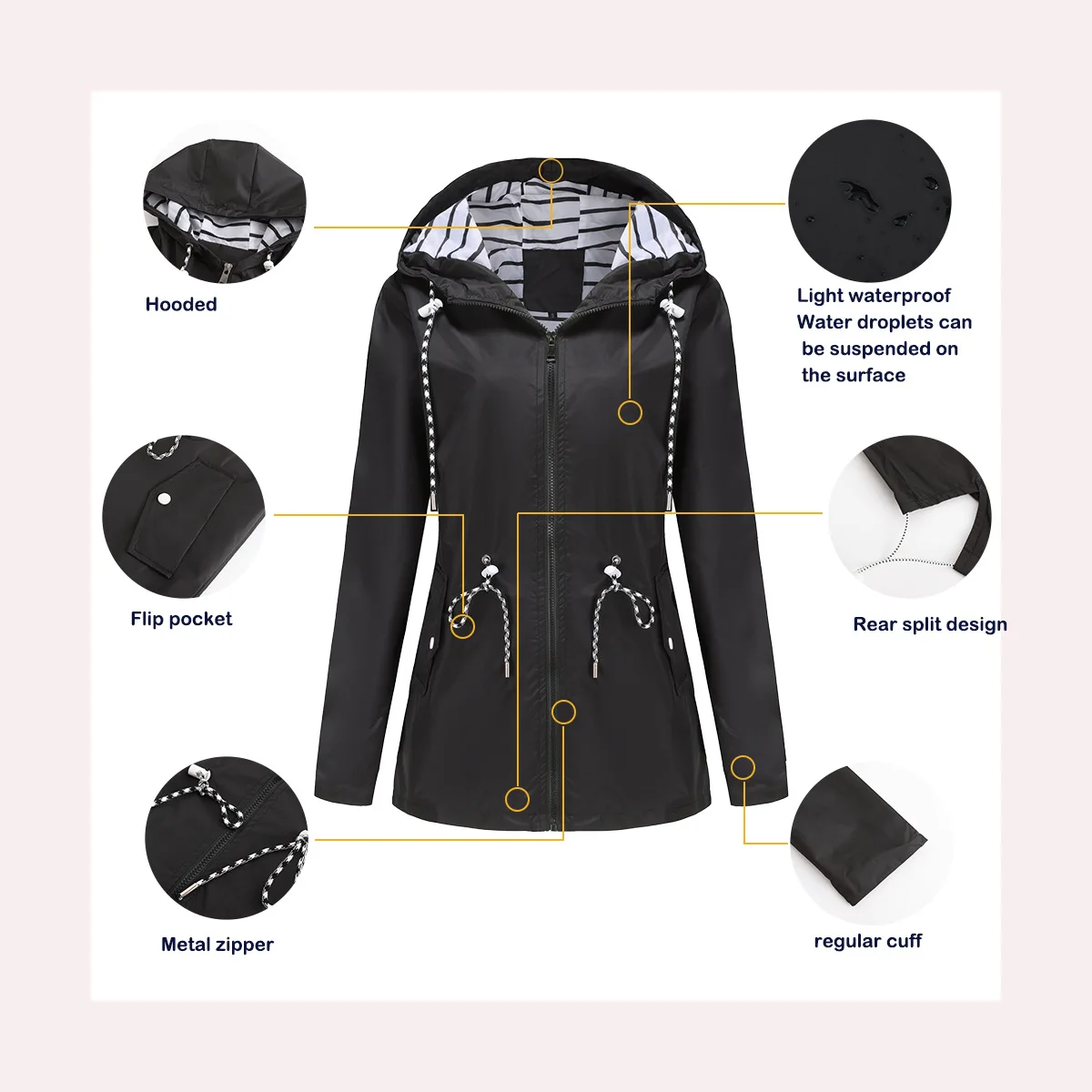 Women Outdoor Windbreaker Casual Loose Hooded Waterproof Raincoat Long Sleeve Solid Color Mid-length Zipper Hiking Jackets