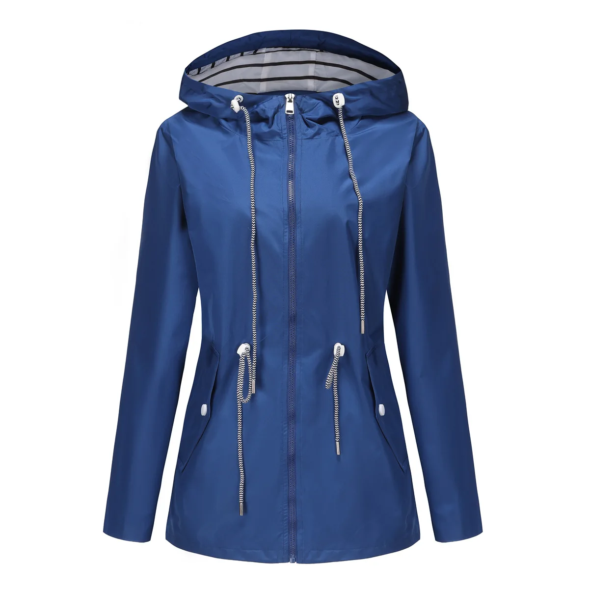 Women Outdoor Windbreaker Casual Loose Hooded Waterproof Raincoat Long Sleeve Solid Color Mid-length Zipper Hiking Jackets