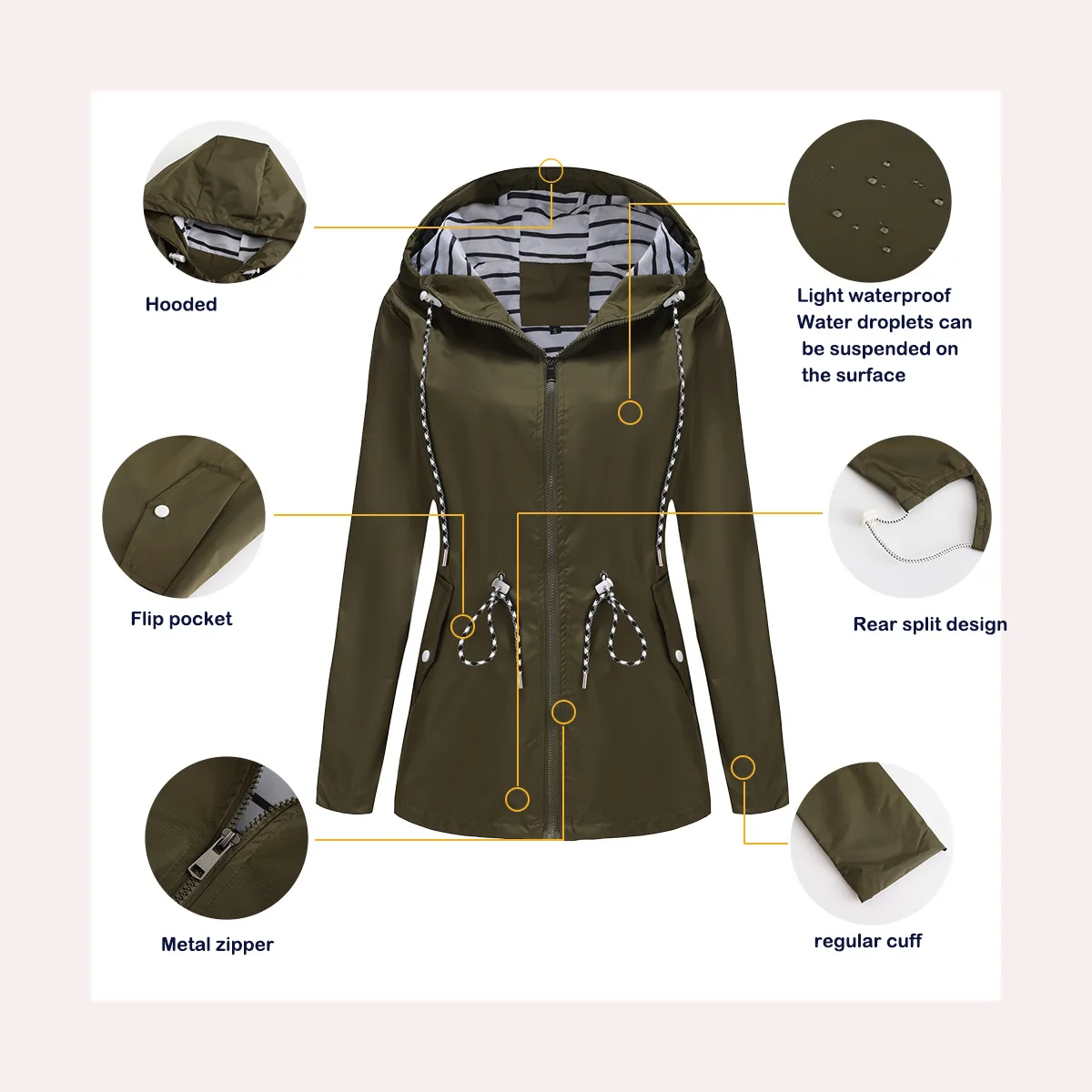 Women Outdoor Windbreaker Casual Loose Hooded Waterproof Raincoat Long Sleeve Solid Color Mid-length Zipper Hiking Jackets