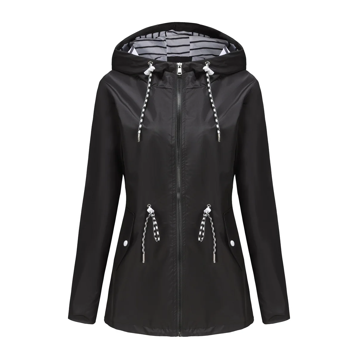 Women Outdoor Windbreaker Casual Loose Hooded Waterproof Raincoat Long Sleeve Solid Color Mid-length Zipper Hiking Jackets