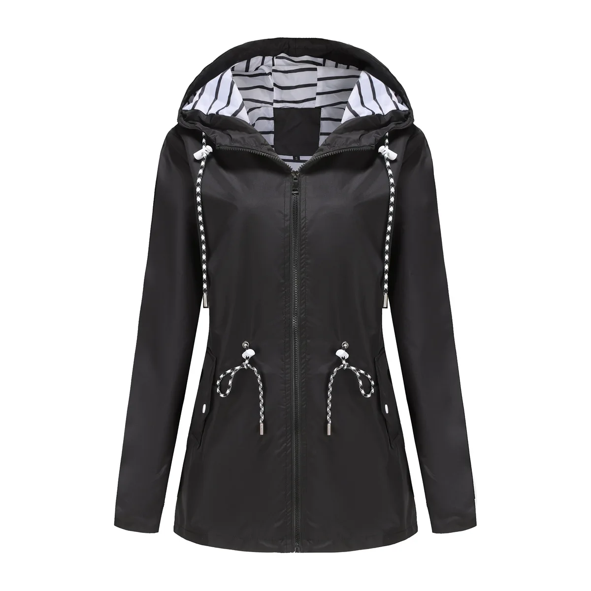 Women Outdoor Windbreaker Casual Loose Hooded Waterproof Raincoat Long Sleeve Solid Color Mid-length Zipper Hiking Jackets