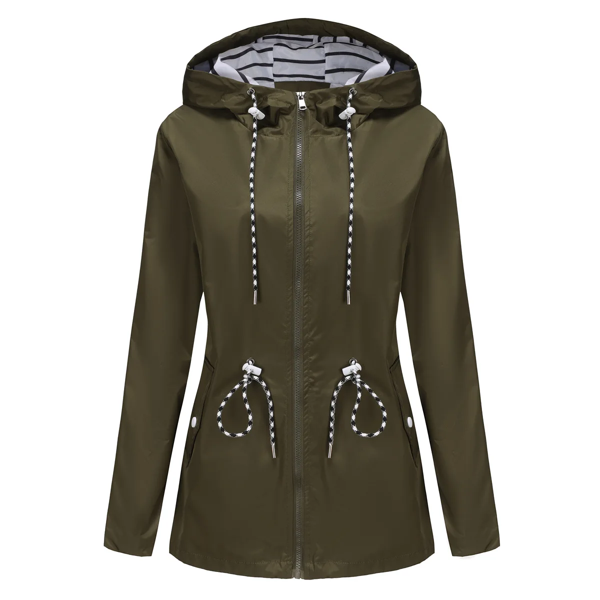 Women Outdoor Windbreaker Casual Loose Hooded Waterproof Raincoat Long Sleeve Solid Color Mid-length Zipper Hiking Jackets