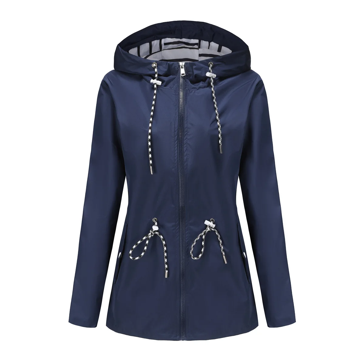 Women Outdoor Windbreaker Casual Loose Hooded Waterproof Raincoat Long Sleeve Solid Color Mid-length Zipper Hiking Jackets