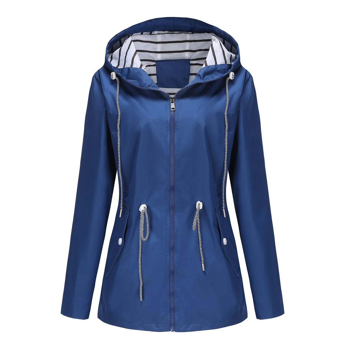 Women Outdoor Windbreaker Casual Loose Hooded Waterproof Raincoat Long Sleeve Solid Color Mid-length Zipper Hiking Jackets