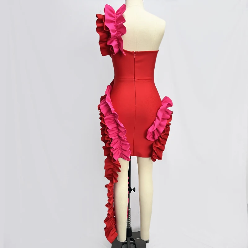 Factory Wholesale Women's Red One Shoulder Macrame Fashion Sexy Celebrity Cocktail Party Bandage Dress
