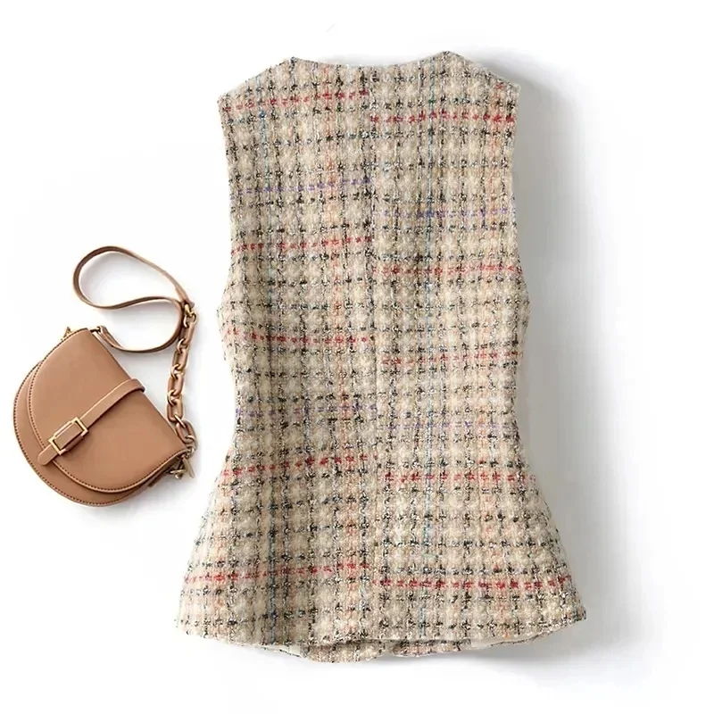 Vest Jacket Women's 2024 Spring Autumn New Elegant Fashion Short Sleeveless Slim Comfortable Tweed Waistcoat Female Coat Tops