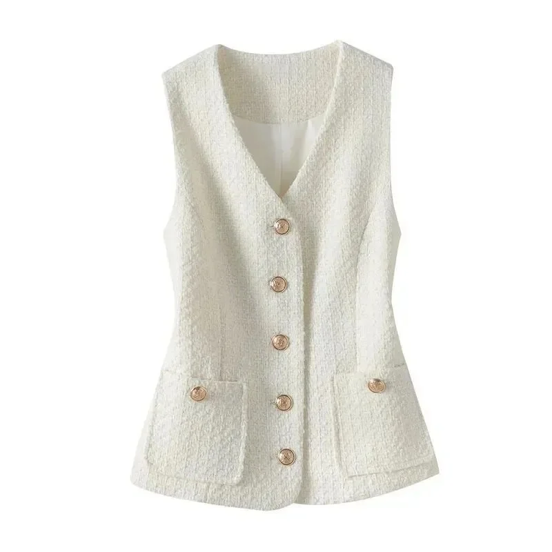 Vest Jacket Women's 2024 Spring Autumn New Elegant Fashion Short Sleeveless Slim Comfortable Tweed Waistcoat Female Coat Tops