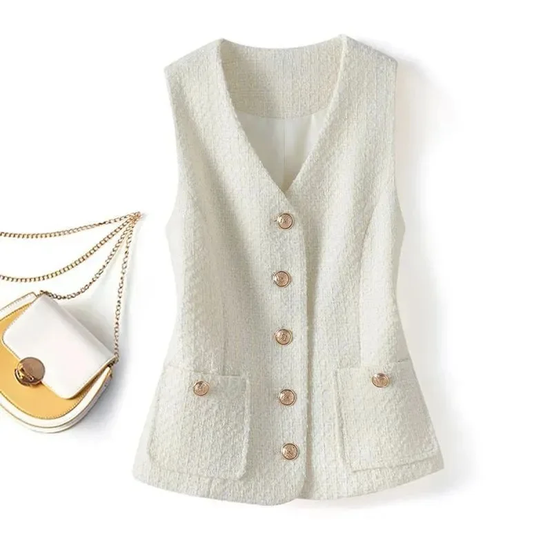 Vest Jacket Women's 2024 Spring Autumn New Elegant Fashion Short Sleeveless Slim Comfortable Tweed Waistcoat Female Coat Tops