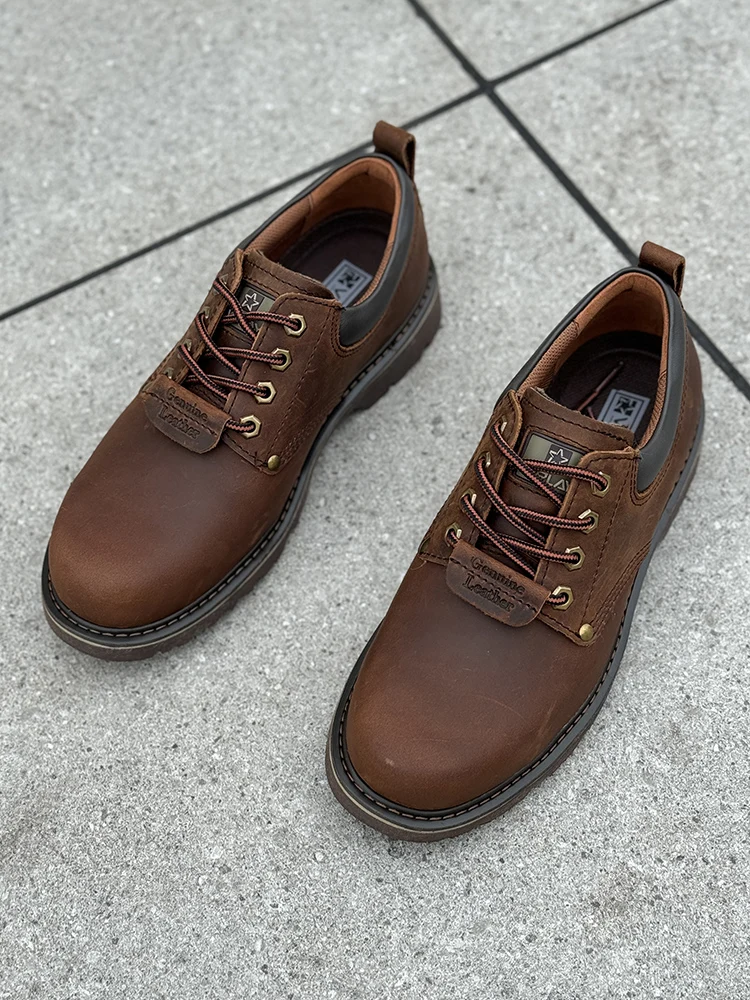 Men Brown Shoes Casual Genuime Leather British Style Shoes Oxford Bottomed Lace-up Work Shoes Low Help Male Boots