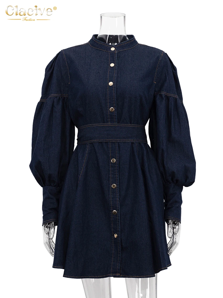 Clacive Fashion Slim Blue Denim Women's Dress 2024 Elegant Stand Collar Long Sleeve Mini Dresses Vintage High Waist Female Dress