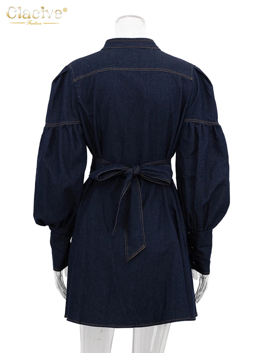 Clacive Fashion Slim Blue Denim Women's Dress 2024 Elegant Stand Collar Long Sleeve Mini Dresses Vintage High Waist Female Dress