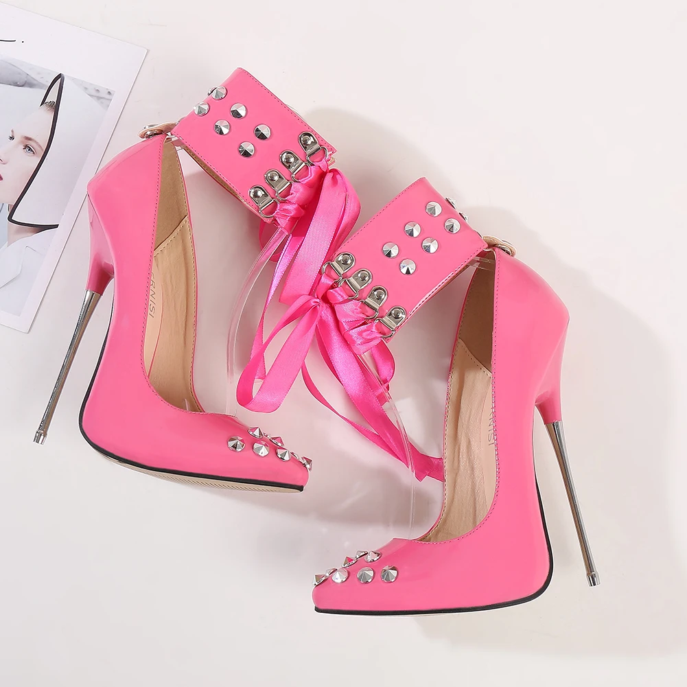 Crossdresser Rivet Pointed Toe PUNK Lace-up Shoes Woman 16cm Super Thin High Heels Wedding Pumps Bridal Nightclub Dance Stiletto