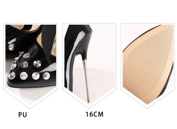 Crossdresser Rivet Pointed Toe PUNK Lace-up Shoes Woman 16cm Super Thin High Heels Wedding Pumps Bridal Nightclub Dance Stiletto