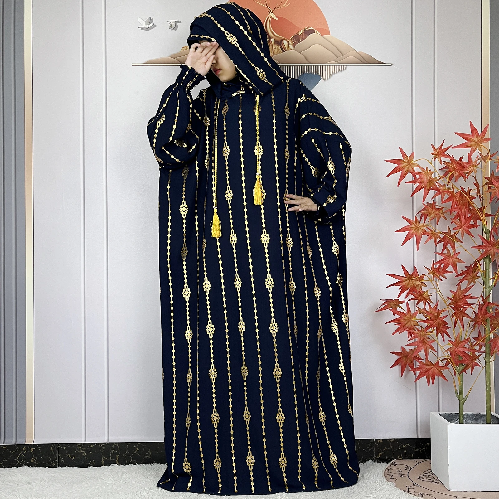 2024 New Muslim Long Sleeve Abaya Women Ramadan Prayer Clothes Turkey Middle East Femme Robe Loose African Dress Two-Hat Abaya