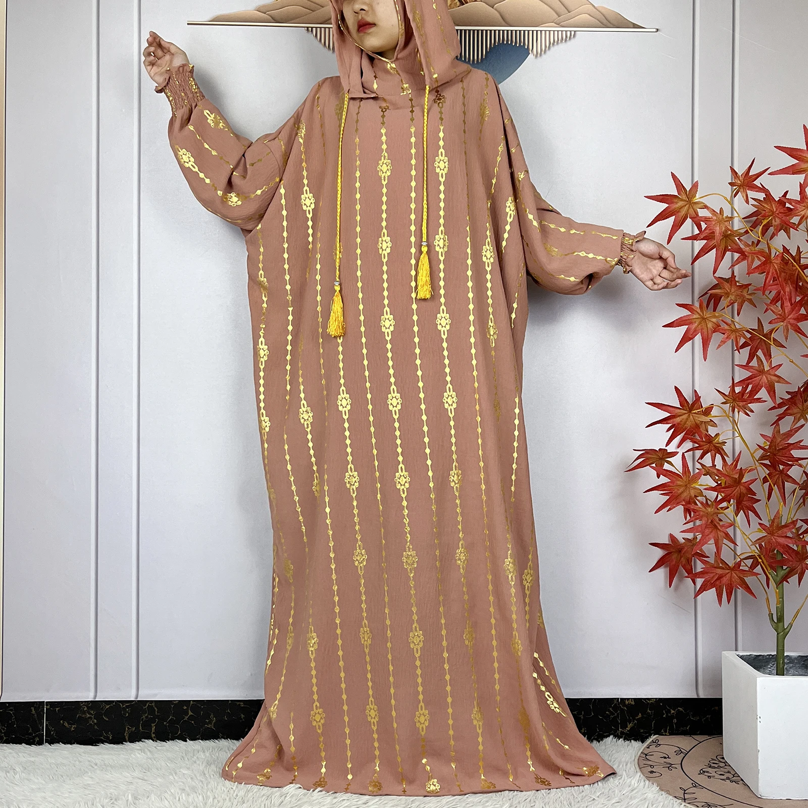 2024 New Muslim Long Sleeve Abaya Women Ramadan Prayer Clothes Turkey Middle East Femme Robe Loose African Dress Two-Hat Abaya