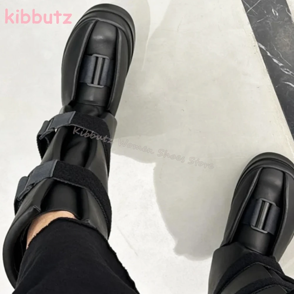 Motorcycle Knee High Boots Platform Genuine Leather Belt Buckles Round Toe Height Increasing Solid Color Fashion Concise Shoes
